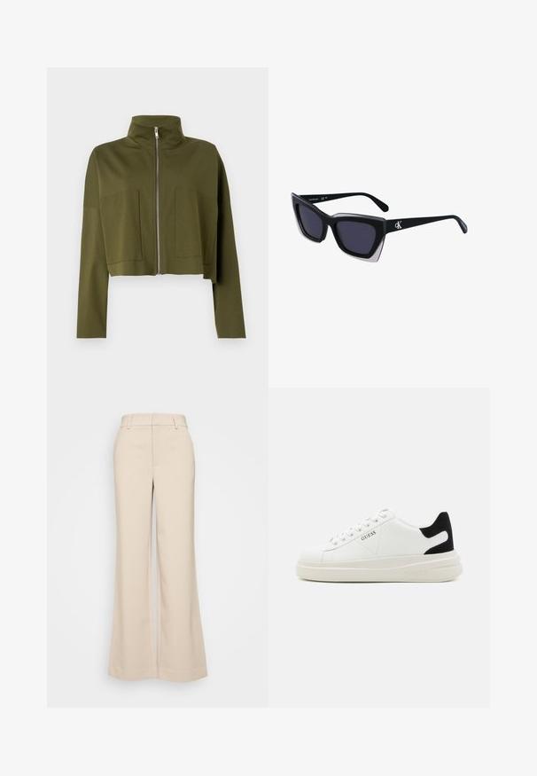 Iekļauta olīvu zaļā krāsa, ar rāvējslēdzēju slēgta jaka, kas izgatavota no mīksta auduma, ar augstu apkakli un divām priekšējām kabatām. Gluda tekstūra, minimālistisks dizains.; Kokvilnas T-krekls ar horizontālām tumši zilām svītrām uz balta fona. "Tommy Hilfiger" izšūts skriptā uz krūšu daļas. Cauruma apkakle.; Beigā krāsā platās bikses ar gludu tekstūru, ar augstu jostasvietu un divām priekšējām kabatām. Tīrs dizains ar piegriezumu, kas pielāgots ķermenim.; Baltas ādas sporta apavi ar biezu balto zoli, melna zamša uzpura un izspiestais logotips sānos. Šņorējuma dizains ar sešiem acu caurumiem.; Melni pārmēru saulesbrilles ar ģeometrisku formu, kas aprīkotas ar tumšiem stikliem un kontrastējošu pelēku akcentu uz rāmja. Logo uz kājas.