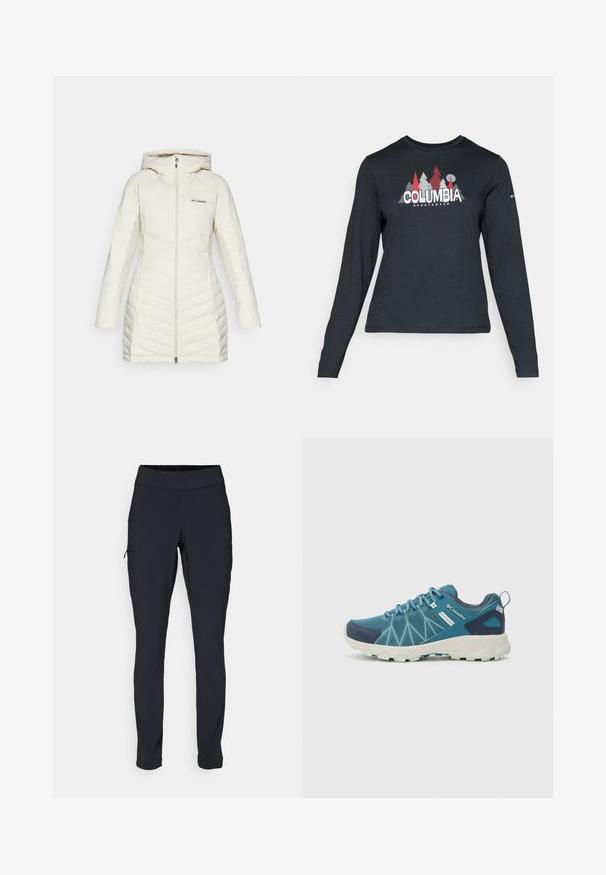 Biela puffrová bunda s kapucňou, so štepovaným dizajnom a diagonálnymi stehmi, predné zipsové zapínanie a logo Columbia na hrudi.; Dlhý rukáv, tmavošedá košeľa s grafikou červených stromov a hôr; logo "COLUMBIA" v tučnom bielom texte. Mäkká tkanina, štandardný okrúhly výstrih.; Čierne športové nohavice so slim fit strihom, elastickým pásom a bočnou vreckou so zipsom. Hladká, elastická tkanina s minimálnymi švami.; Columbia PEAKFREAK™ II OUTDRY™ - Turistické topánky - blue heron/skylight