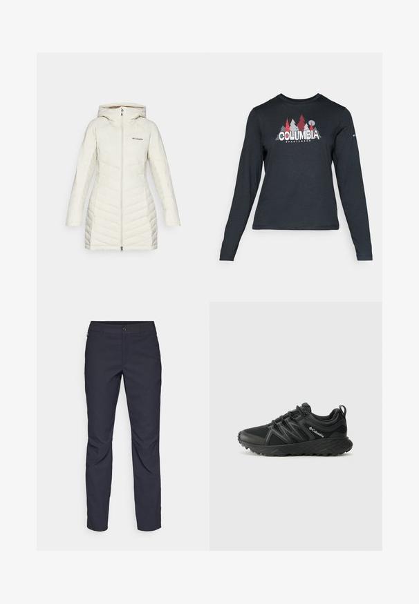 Biela puffrová bunda s kapucňou, so štepovaným dizajnom a diagonálnymi stehmi, predné zipsové zapínanie a logo Columbia na hrudi.; Dlhý rukáv, tmavošedá košeľa s grafikou červených stromov a hôr; logo "COLUMBIA" v tučnom bielom texte. Mäkká tkanina, štandardný okrúhly výstrih.; Námornícke modré nohavice z hladkej tkaniny, s predným zapínaním na gombík, slim-fit strihom a prešívaním v oblasti kolien.; Columbia PEAKFREAK - Turistické topánky - black