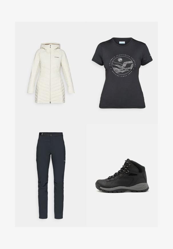 Witte pufferjas met een capuchon, gekenmerkt door een gewatteerd ontwerp en diagonale stikpatronen, met een ritssluiting aan de voorkant en het Columbia-logo op de borst.; Zwarte Columbia t-shirt met witte cirkelvormige lijntekening van bergen en een rivier en de tekst "Columbia Sportswear Company Outside Since 1938."; Heren buitenbroeken, donkergrijs, gemaakt van flexibel materiaal, met een riem, ritszakken en verstevigde stiksels.; Zwarte wandelschoen met een mid-top ontwerp, voorzien van een gestructureerde bovenkant, grijze accenten en een duurzame rubberen zool met gripnoppen.