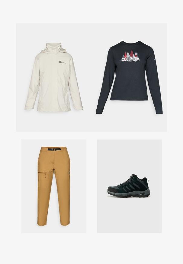 Veste imperméable beige clair avec un col haut et une capuche ajustable. Présente un logo sur la poitrine et des manches longues avec des ajustements aux poignets.; Chemise à manches longues gris foncé avec un motif d'arbres rouges et de montagnes ; logo "COLUMBIA" en lettres blanches en gras. Tissu doux, col rond standard.; Pantalons khaki à coupe slim, fabriqués en tissu durable. Ils disposent d'une poche latérale zippée, d'une ceinture ajustable et d'un logo subtil sur la jambe.; Columbia REDMOND - Chaussures de marche - black/citron haze