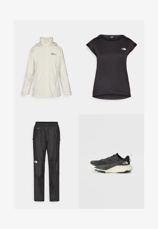Helle beige wasserdichte Jacke mit hohem Kragen und verstellbarer Kapuze. Mit Logo auf der Brust und langen Ärmeln mit Anpassungsmöglichkeiten am Bund.; The North Face TANKEN TANK - Sport T-Shirt - black; Schwarze wasserdichte Hose aus leichtem Material, mit elastischem Bund, Seitentaschen und einem Logo am linken Bein.; Schwarzer Sportschuh mit strukturiertem Obermaterial, ausgestattet mit grauen Akzenten und einer weißen Zwischensohle. Enthält eine Zuglasche und ein markantes Markenlogo an der Ferse.