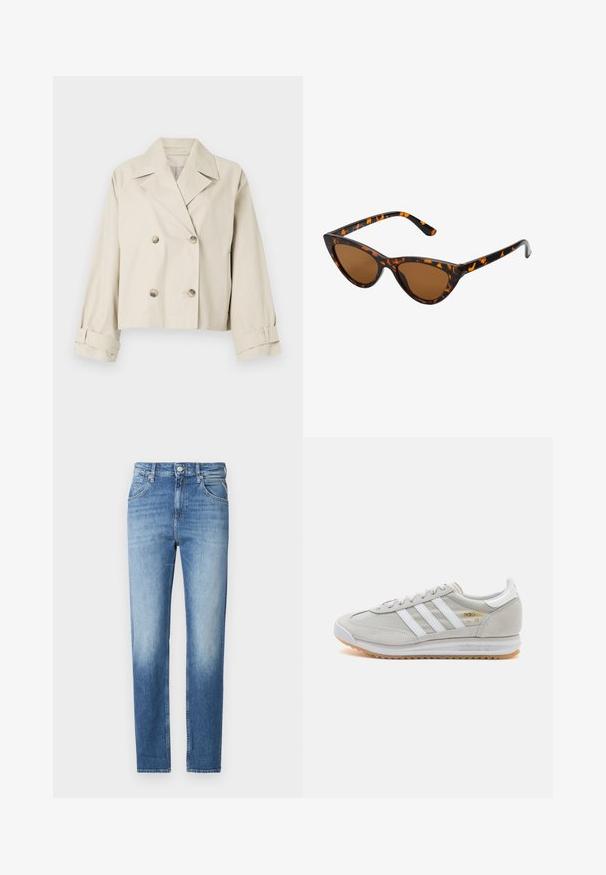 Bež jakna skraćena kroja s dvostrukim kopčanjem, velikim reverima i detaljima od dugmadi. Ima preklopne manšete i glatku teksturu.; ONLY ONLMELITA O NECK - Vesta - winter moss; Bijela majica bez rukava napravljena od rebraste tkanine, s okruglim izrezom i uklapajućim siluetom, s minimalnim šavovima i bez ukrasa.; Svijetloplave traperice s ravnim krojem, izblijedjelom teksturom, pet džepova i kopčanjem na gumbe u struku. Karakteristična detaljna šavova.; Svijetlosivi tenisice od antilopa i mrežice, s tri bijele pruge, okruglim vrhom i gumenom potplatom. Zlatni logo akcent blizu vezica.; Sunglasses u obliku mačjih očiju s okvirom u crno-narančastom kornjačevom uzorku, smešnim lećama i elegatnim, šiljastim vrhovima. Sadrži minimalni logo na dršci.