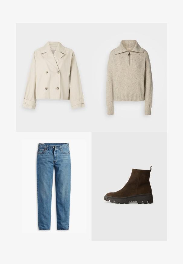 Giacca corta beige con design doppiopetto, ampie rever e dettagli con bottoni. Presenta polsini arrotolati e una texture liscia.; Maglione beige lavorato a maglia con colletto alto, chiusura a zip e polsini e orlo a coste. La texture presenta delle tracce di fibre più scure sparse.; Jeans in denim blu con una vestibilità a gamba dritta, dotati di zip e due tasche frontali, con una leggera scoloritura in tutto il tessuto.; Stivaletto in camoscio marrone con suola in gomma nera chunky, caratterizzato da un leggero tacco e una linguetta sul retro per una facile calzata.