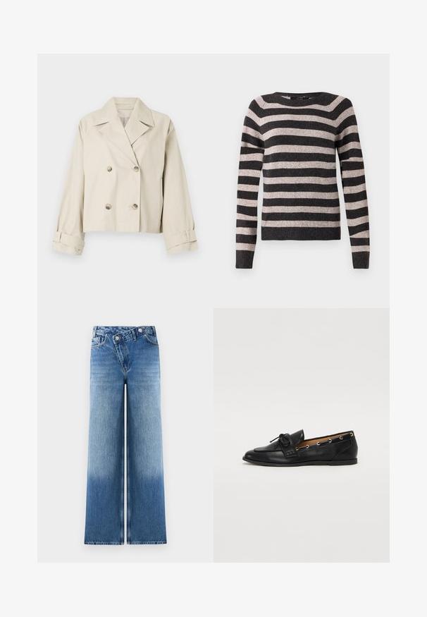 Beige cropped dzseki dupla soros dizájnnal, nagyméretű hajtókával és gombos díszítéssel. Feldolgozva felgöngyölt ujjak és sima textúra jellemzi.; Fekete és bézs csíkos pulóver, kerek nyakkal, hosszú ujjal, bordázott szegéllyel, puha textúrával, egyenletesen elhelyezkedő vízszintes csíkokkal.; Világoskék, bő szárú farmernadrág, elhalványodott mosással, klasszikus öt zsebes kivitelben, fémből készült gombokkal a deréknál.; Fekete bőr lófarok cipők, megkötött masnival, arany szemcsés díszítéssel az oldalán és lapos gumitalppal. Simaság, klasszikus dizájn.