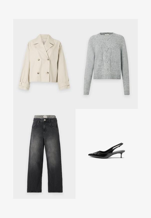 Vaaleanbeige lyhyt takki, jossa on kaksoisnapitus, suuret läpät ja nappikoristeet. Ominaisuuksina käännetyt hihansuut ja sileä pinta.; Vaaleanharmaa neulepaita, jossa on pitkät hihat, pyöreä kaula-aukko ja keskellä oleva palmikkoneulekuvio etupuolella.; Mustat farkut leveillä lahkeilla, joissa on houndstooth-kuvioitu vyötärö. Ominaisuuksiin kuuluu etutaskut ja nappikiinnitys. Kuluneet yksityiskohdat.; Mustat nahkaiset slingback-korkokengät, joissa on terävä kärki, pieni kitten-korko ja koristeellinen solki edessä. Yksinkertainen pinta kauttaaltaan.