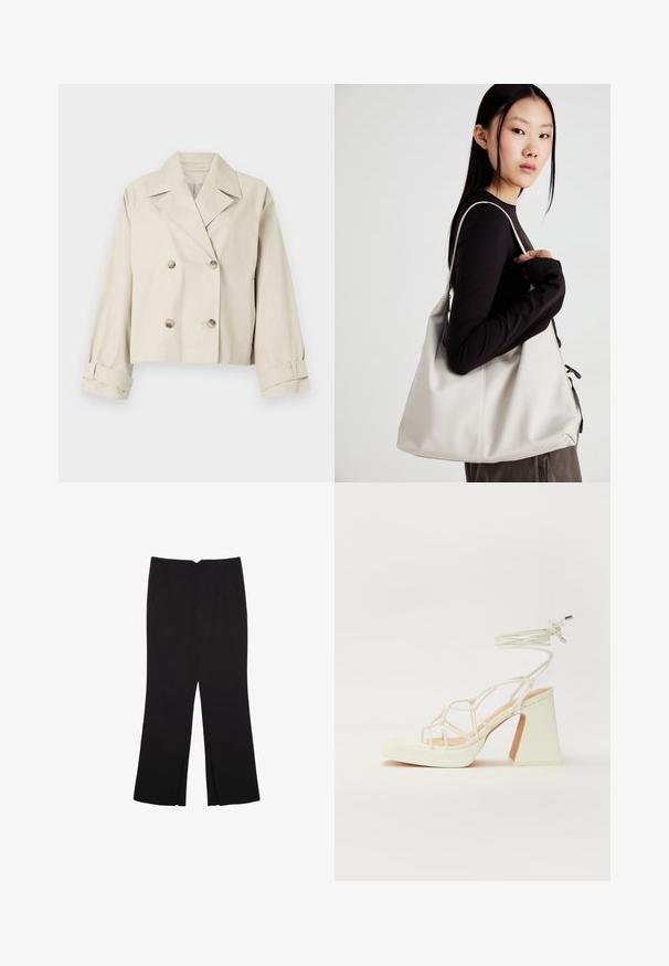Beige kort jacka med dubbelknäppning, stora slag och knappdetaljer. Har rullade ärmar och en mjuk yta.; Vit ärmlös topp med rund halsringning. Tillverkad av ett mjukt tyg, har den en avslappnad passform och minimalistisk design. Inga mönster eller detaljer.; Svarta byxor med rak passform, utrustade med framfickor och sidoklyvningar vid fållen. Tillverkade av mjukt, slätt tyg. Lämpliga för olika tillfällen.; Vit högklackad sandal med en kraftig klack, med ett remdesign och ankelband. Slät textur med en plattform framtill för ökad höjd.; Beige handväska tillverkad av mjukt material, med en avslappnad design, sydda detaljer och två axelremmar. Lämplig för dagligt bruk.