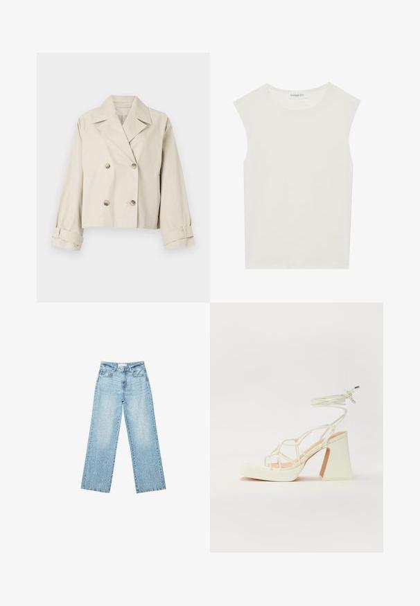Beige cropped Jacke mit einem doppelt geknöpften Design, großen Revers und Knopfakzenten. Verfügt über aufgerollte Manschetten und eine glatte Textur.; Weißes ärmelloses Top mit rundem Ausschnitt. Hergestellt aus glattem Stoff, hat es einen lässigen Schnitt und minimalistisches Design. Keine Muster oder Akzente.; Helle blaue Denim-Jeans mit weitem Bein und hoher Taille, im lässigen Look mit einem ausgewaschenen Finish und kleinen, verstreuten Used-Effekten.; Weiße High-Heel-Sandale mit einem klobigen Absatz, die über ein Riemchendesign und ein Knöchelband verfügt. Glatte Textur mit einer Plattform vorne für zusätzliche Höhe.