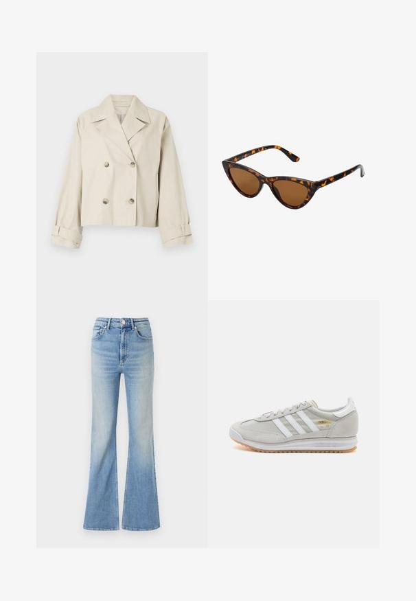 Bežinė trumpa striukė su dvigubai užsegamu dizainu, dideliais atvartais ir sagų akcentais. Yra su sūkurinėmis rankovėmis ir švelniu paviršiumi.; Baltas be rankovių marškinėlis, pagamintas iš išklotinės medžiagos, su apvaliu iškirpimu ir prigludusia siluetu, minimaliais siūlais ir be dekoracijų.; Šviesiai mėlyni plačios kojų džinsai, pagaminti iš džinsinio audinio, su aukštu liemeniu, penkių kišenių dizainu ir subtiliu gradientiniu blukimu link apačios.; Šviesiai pilki sportbačiai, pagaminti iš zomšos ir tinklinės medžiagos, su trimis baltais dryžiais, apvaliu pirštu ir guma padu. Auksinė logotipo detalė šalia raištelių.; Katės akies saulės akiniai su juodu ir oranžiniu šarvuotu rėmeliu, ruda objektyvu ir elegantiškais, smailiais galiukais. Rėmelyje yra minimalus logotipas ant šventės.