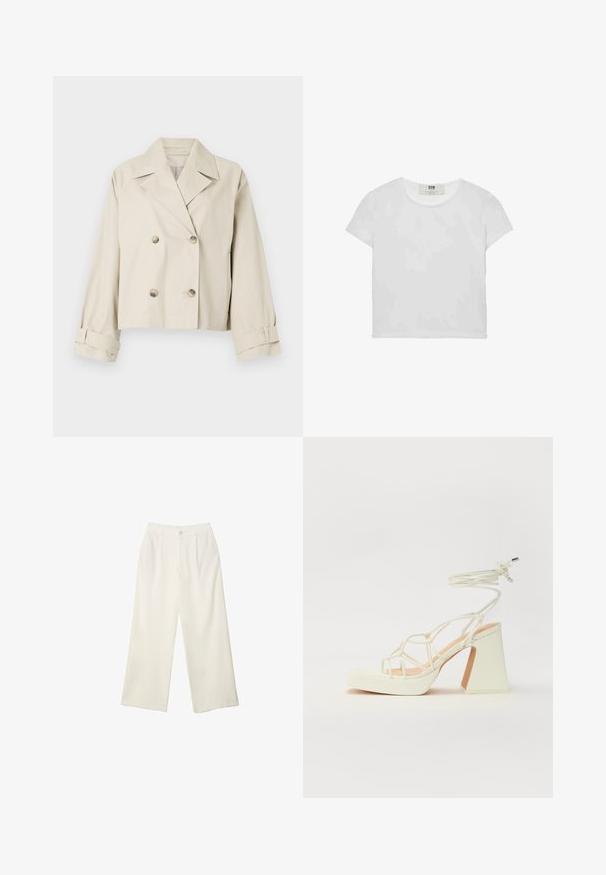 Beige cropped jacket with a double-breasted design, large lapels, and button accents. Features rolled cuffs and a smooth texture.; Short-sleeve, round-neck white t-shirt made of soft cotton, featuring a simple, clean design with no visible patterns or accents.; Wide-leg trousers in cream fabric with a smooth texture, featuring a single front button, subtle pleats, and a high waist design.; White high-heeled sandal with a chunky heel, featuring a strappy design and ankle tie. Smooth texture with a platform front for added height.