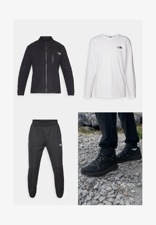 Czarna polarowa kurtka z wysokim kołnierzem, pełnym zamkiem z przodu, zamkiem w kieszeni na piersi oraz dwiema bocznymi kieszeniami. Teksturowany materiał o gładkim wykończeniu.; Biała koszulka z długim rękawem wykonana z bawełny, z okrągłym dekoltem. Posiada małe czarne logo na piersi. Gładka faktura, regularny krój.; Czarne dresy z elastycznym paskiem w talii, zwężanym krojem, elastycznymi mankietami i małym białym logo na lewej udzie, wykonane z gładkiego materiału.; Czarne buty outdoorowe wykonane z siateczki i materiału syntetycznego, z fakturowaną cholewką, zabezpieczonym systemem sznurowania i solidną podeszwą, na skalistym terenie.