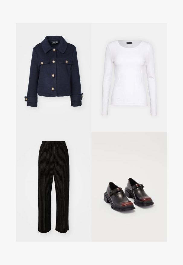 Vero Moda VMZILJA SHORT JACKET - Casaco leve - navy blazer; Top branco canelado de mangas longas com um decote redondo. Feito de um tecido elástico que se ajusta ao corpo. Apresenta linhas horizontais sutis.; Calças largas e pretas com riscas verticais brancas, apresentando uma cintura elástica para conforto e uma textura suave e macia.; Sapatos de tacão bloco em couro com acabamento brilhante em bordeaux escuro, apresentando uma tira com fivela e design de bico arredondado. Sola texturizada para melhor aderência.