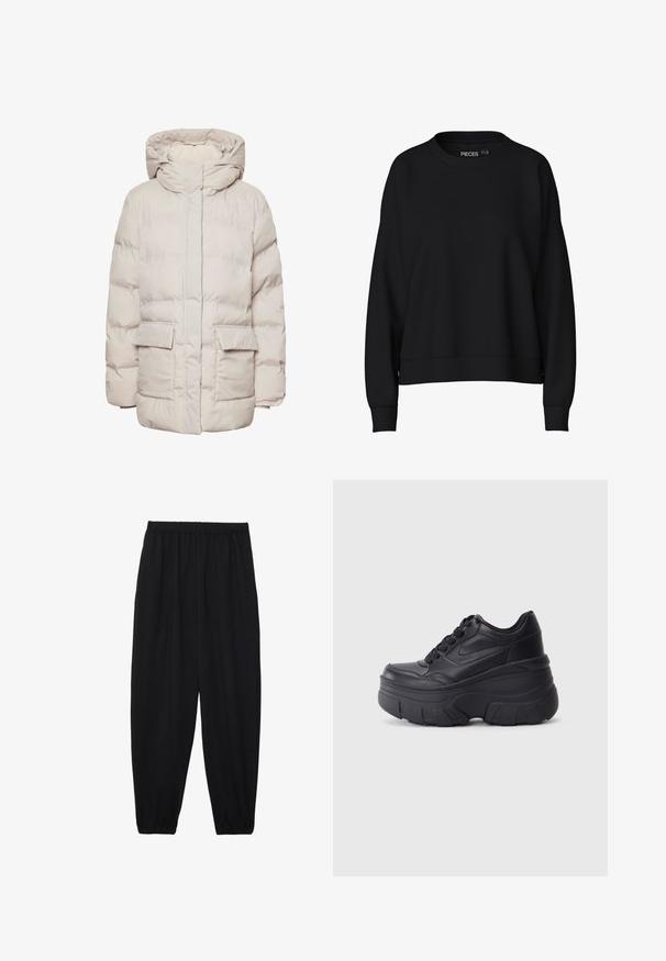 Pieces PCNORMA PUFFER - Ziemas mētelis - silver gray; Melna džemperis ar apaļo kakla izgriezumu, nolaistām plecu šuvēm un ribotām aprocēm. Izgatavots no mīksta, gluda auduma. Vienkāršs dizains, bez rakstiem.; Melnas, vieglas bikses ar elastīgu jostu un savilktiem potītiem. Audums ir gluds un to raksturo brīva, sašaurināta forma.; Melni šņorējami sporta apavi ar biezu zoli, ar gludu ādas augšdaļu, noapaļotu purngalu un izteiktu slāņveida platformas dizainu.