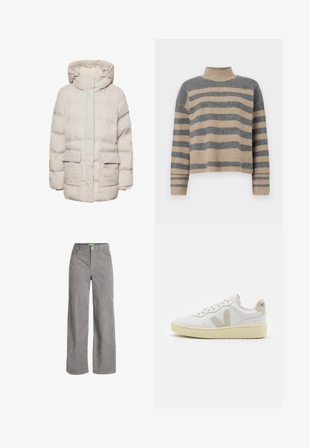 Pieces PCNORMA PUFFER - Zimní kabát - silver gray; Pruhovaný pletený svetr v šedých a béžových barvách, s vysokým krkem, širokými rukávy s manžetami a uvolněným střihem s kráceným designem.; Šedé kordové kalhoty širokého střihu s knoflíkovým zapínáním a poutky na pásek. Obsahují dvě boční kapsy a měkkou, texturovanou tkaninu.; Bílé kožené tenisky s béžovými semišovými akcenty, perforovanou špičkou, plochými tkaničkami a strukturovanou krémovou podešví. Obsahují jemné logo na patě.