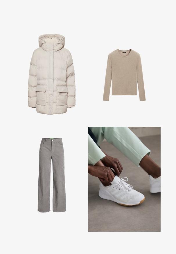 Pieces PCNORMA PUFFER - Vinterfrakke - silver gray; Massimo Dutti RIBBED CREW NECK - Striktrøje - LIGHT BROWN; Grå fløjl bredbenede bukser med knaplukning og bæltestropper. Har to sidelommer og et blødt, tekstureret stof.; Hvid sportssko med en overdeles i mesh, gummisål og design med tre striber. Snørebåndene justeres; let grå og mintgrønne klæder synlige.
