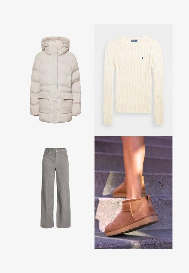 Pieces PCNORMA PUFFER - Vinterfrakke - silver gray; Cremefarvet kabelstrikket sweater med lange ærmer, ribbede manchetter og kant, med et lille broderet logo på venstre bryst.; Grå fløjl bredbenede bukser med knaplukning og bæltestropper. Har to sidelommer og et blødt, tekstureret stof.; Tan ruskind ankelstøvler med en blød tekstur, stikninger og en gummisål, der har en løkkehælkappe for nem på- og aftagning.