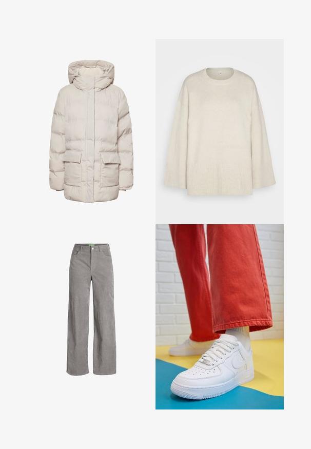 Pieces PCNORMA PUFFER - Talvitakki - silver gray; Vaaleanbeige neulepaita, joka on valmistettu pehmeästä neulekankaasta. Siinä on pyöreä kaulus, rosoiset olkapäät ja ribbireunat helmassa ja hihoissa.; Harmaat corduroypöksyt leveällä lahkeella, joissa on nappikiinnitys ja vyölenkit. Omassa kahdessa sivutaskussa ja pehmeässä, teksturoidussa kankaassa.; Valkoinen nahkakengät, joissa on rei'itetty varvasosa, teksturoitu pohja ja valkoiset nauhat, yhdistettynä leveisiin punaisiin housuihin ja sinikeltaiseen taustaan.