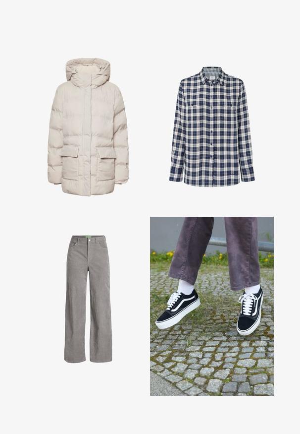 Pieces PCNORMA PUFFER - Zimní kabát - silver gray; Kostkovaná flanelová košile v námořnické modři, bílé a červené. Dlouhé rukávy, zapínání na knoflíky, dvě náprsní kapsy a decentní logo na lemu.; Šedé kordové kalhoty širokého střihu s knoflíkovým zapínáním a poutky na pásek. Obsahují dvě boční kapsy a měkkou, texturovanou tkaninu.; Černé semišové tenisky s bílými akcenty, s zaoblenou špičkou, silnou bílou podrážkou a klasickým šněrovacím designem, nošeny s bílými ponožkami a fialovými kalhotami.