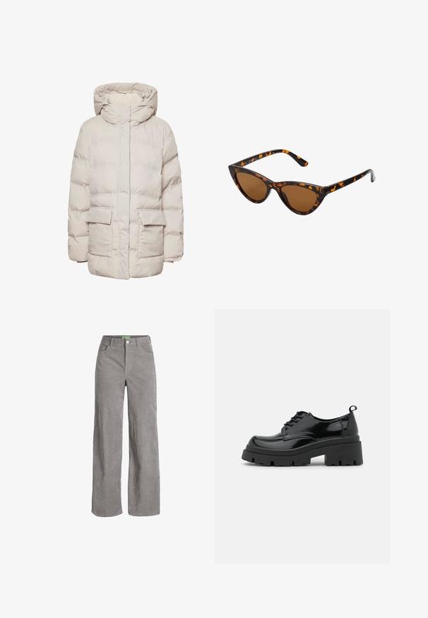 Pieces PCNORMA PUFFER - Zimski plašč - silver gray; Tri dolga rokava zložena: črna, siva in bela. Vsaka ima okroglo izreznico in skrajšan dizajn z gladkim, lahkotnim materialom.; Sive široke hlače iz kordura z gumbom in zanke za pas. Imajo dve stranski žepi in mehak, strukturiran material.; Črne lakaste usnjene čevlje z debelim platformnim podplatom in debelimi vezalkami. Okrogla špička, minimalno okrasje in majhen jeziček na hrbtu.; Mačje oči sončna očala z okvirom v črno-oranžni želvej ohišji, rjavimi lečami in elegantnimi, ostrimi konicami. Imajo minimalistični logo na ročaju.