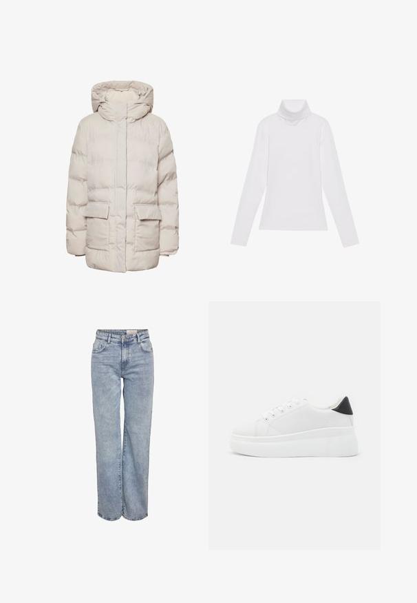 Pieces PCNORMA PUFFER JACKET - Χειμωνιάτικο παλτό - silver gray; Λευκή μακρυμάνικη μπλούζα με ψηλό λαιμό από λείο, ελαστικό ύφασμα. Διαθέτει ψηλό γιακά και εφαρμοστή σχεδίαση, χωρίς ορατά σχέδια ή διακοσμητικά.; Ανοιχτού μπλε τζιν με φαρδιά πόδια, κατασκευασμένα από τζιν ύφασμα, με ψηλή μέση, πέντε τσέπες και μια subtile φθορά για ένα εμφάνιση φθαρμένου.; Λευκά πλατφόρμα αθλητικά παπούτσια κατασκευασμένα από λείο συνθετικό υλικό, με στρογγυλή μύτη, σχέδιο με κορδόνια και υφασμένη καουτσούκ σόλα. Μαύρη έγχρωμη λεπτομέρεια στη φτέρνα.