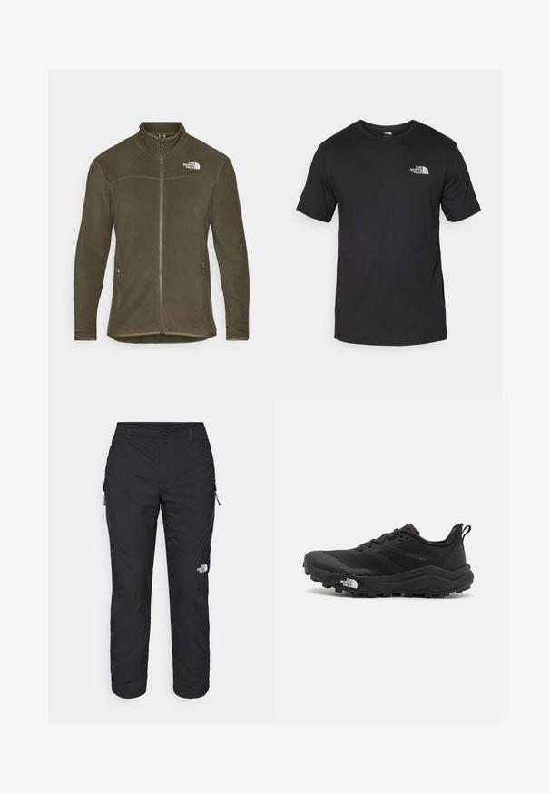Zaļš vilnas žakets ar augstu apkakli, pilnu rāvējslēdzēju priekšā un divām sānu kabatām. Uz kreisās krūts ir neliels balts logo. Mīksta tekstūra.; Melna īsām piedurknēm T-krekls, kas izgatavots no kokvilnas, ar apaļu dekoltē un nelielu baltu logotipu augšējā kreisajā krūtīs.; The North Face WINTER EXPLORATION TAPERED CARGO  - Āra bikses - black; Melnas taku skriešanas kurpes ar teksturētu virsu, gumijas zoli un pastiprinātu pirkstu daļu. Aprīkotas ar mīkstu apkakli un vilkšanas cilpu, lai viegli uzvilktu.