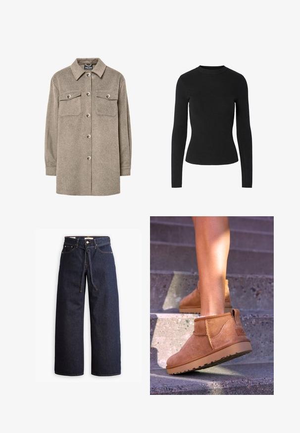 Vaaleanruskea fleecepaidasta valmistettu takki, jossa on napillinen etuosa, kaksi rintataskua ja klassinen kaulus. Pehmeä rakenne, pitkät hihat ja suora helma.; Musta, ribbineulottu pitkähihainen neule, jossa on pyöreä pääntie ja istuva siluetti; neuleen pinta on sileä ja yhtenäinen.; Korkeavyötäröiset tummansiniset leveälahkeiset farkut, joissa on narunauhakuja, viisi taskua ja kontrastiväriset ompeluseikat.; Kahdenruskeat mokkanahkaiset nilkkurit, joissa on pehmeä pinta, kirjailtua yksityiskohtaa ja kumipohja. Kengissä on myös kätevä lenkki kantapäässä, joka helpottaa pukemista.