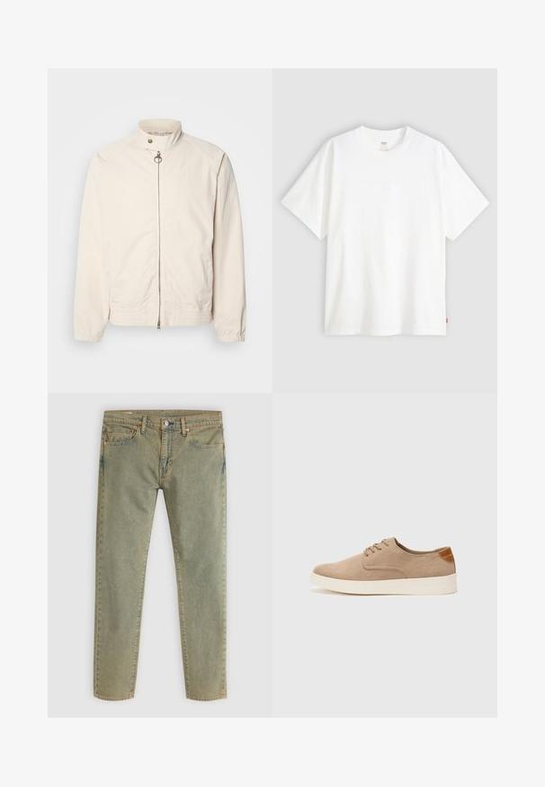 Svetle béžová bunda s stojatým límcem, předním zipem a elastickými manžetami. Obsahuje raglánové rukávy a mírně strukturální látku.; Bílý krátký rukáv tričko vyrobené z bavlny s kulatým výstřihem. Na přední straně se nachází decentní embosované logo a červená cedulka na lemu.; Světlezelené džíny z denimu s rovnými nohavicemi. Obsahují přední a zadní kapsy, měděné nýty a béžové švy.; Béžové semišové tenisky s kulatou špičkou, šněrováním vpředu a texturovaným zadním akcentem. Bílá gumová podrážka poskytuje kontrast. Jednoduchý a moderní design.
