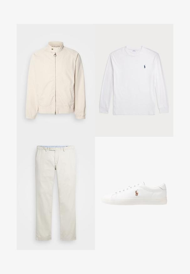 Kerge beež jakk, millel on seisev krae, esi tõmblukk ja elastsed mansetid. Sisaldab raglansleeve'e ja kergelt tekstureeritud kangast.; Valge pika varrukaga T-särk, millel on puuvillane kangas. Omab ümmargust kaelust, soonikuid mansette ja väikest tumesinist polo logo vasakul rinnaosas.; Beeži puuvillased chinosid, millel on lame eesosa, vöökohataod ja küljetaskud. Sirge jalgade disain sujuva tekstuuriga ja kerge, hingava tunnetusega.; Valged nahast tossud, madala ülaservaga disain, millel on sile tekstuur, ümar varvas, nööridega esiosa ja väike tikand logoga küljel.