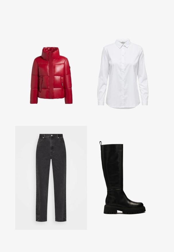 Rode pufferjack met een hoge kraag, glanzende afwerking, gewatteerd ontwerp en een ritssluiting aan de voorkant. Heeft een zak aan de linkerzijde met een klein logopatch.; Witte overhemd met lange mouwen, gestructureerde kraag en afgeronde zoom. Gemaakt van een gladde, effen stof zonder zichtbare patronen of accenten.; Zwarte denim jeans met rechte pijpen en hoge taille, met een knoop en rits aan de voorkant en vijf zakken, op een witte achtergrond.; Zwarte leren laarzen tot de knie met een strak ontwerp, ronde neus en stevige rubberen zool met diepe groeven en een trekband aan de bovenkant.