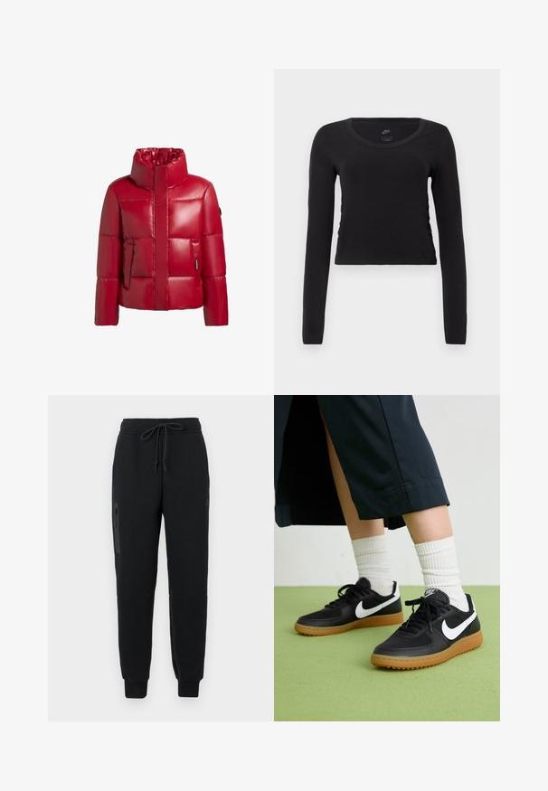 Red puffer jacket with a high collar, shiny finish, quilted design, and a front zip. Features a left side pocket with a small logo patch.; Long-sleeve, cropped t-shirt in solid black cotton. Features a round neckline and slight side gathering detail for a fitted look.; Black sweatpants with a drawstring waistband, zippered side pocket, and tapered cuffs. Made from soft, textured fabric.; Black leather and synthetic sneakers with white Nike swoosh, rubber gum sole, round toe, and black laces. Ribbed white socks visible.