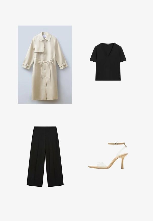 Beige, knielange jas met een kraag, knopen aan de voorkant, zijzakken en een riem. Gemaakt van glad materiaal, met opgerolde mouwen en een flap.; Zwarte T-shirt met korte mouwen en V-hals, met een eenvoudig, aansluitend ontwerp op een witte achtergrond.; Zwarte wijde pantalons van zachte stof, met een hoge taille en plooien, met een gladde textuur en zonder zichtbare versieringen.; Heldere sandaal met een doorzichtige bovenkant, beige voetbed en een slanke enkelriem. Voorzien van een spitse neus en een dunne hoge hak.