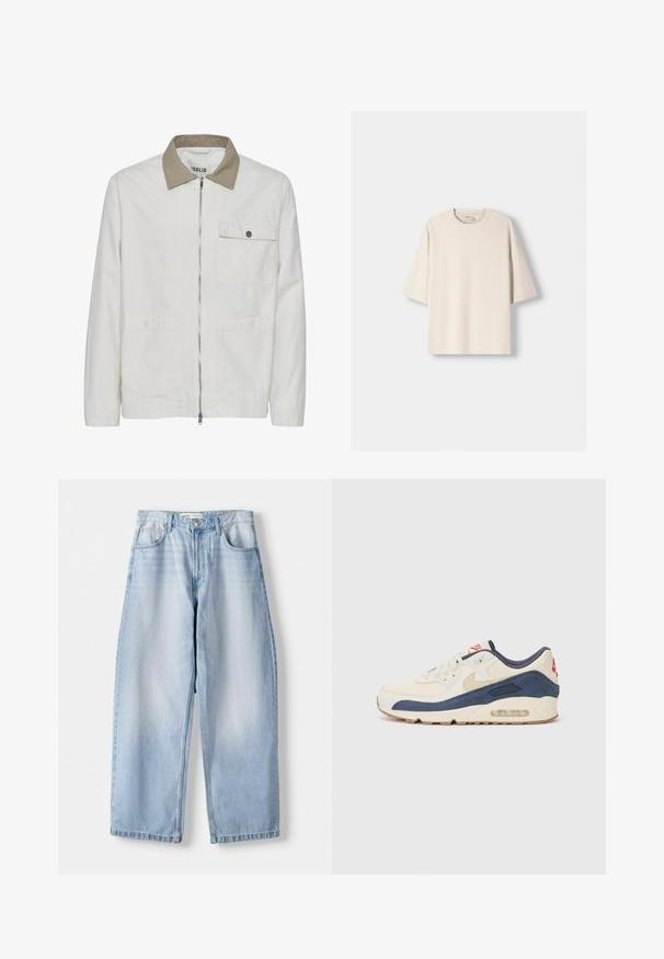 Helles beiges Jackett mit einem kontrastierenden, braunen Kragen. Es verfügt über einen Frontreißverschluss, zwei Fronttaschen und einen glatten, strukturierten Stoff.; Beige oversized Baumwoll-T-Shirt mit Rundhalsausschnitt und kurzen, leicht fallenden Ärmeln. Glatte Textur, minimalistisches Design, keine Muster oder Akzente.; Hellblaue Jeans im weit geschnittenen Stil mit mittlerer Taille, Fünf-Taschen-Design und sanften Ausbleichungen; mit geradem Saum und Gürtelschlaufen versehen.; Sneaker mit einem Obermaterial aus cremefarbenem Leder und marineblauem Wildleder, sichtbar luftgefüllter Sohle, beiger Gummisohle und rotem Akzent an der Ferse.
