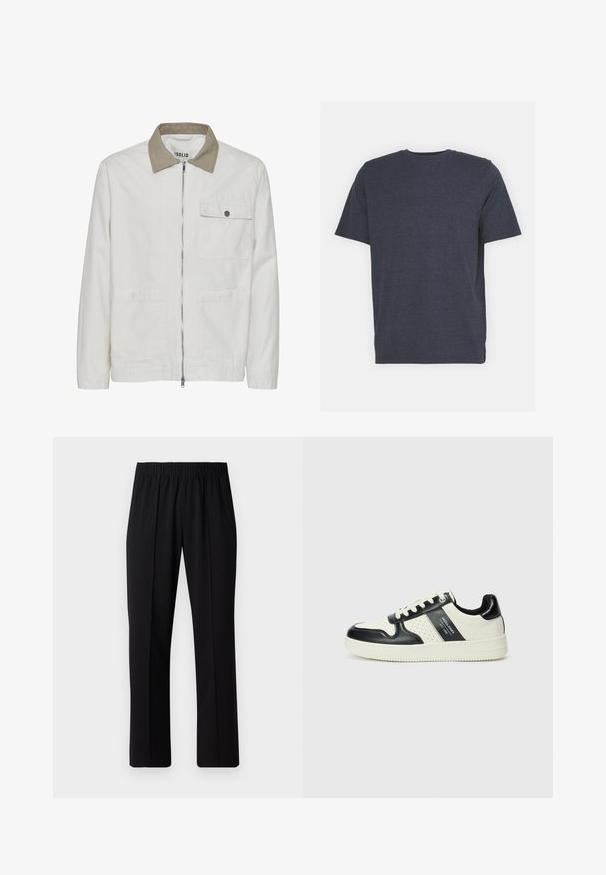 Gai bēša jaka ar kontrastējošu brūnu apkakli. Aprīkota ar priekšējo rāvējslēdzēju, divām priekšējām kabatām un gludu, strukturētu audumu.; Jūras zila apdalījuma T-krekls ar apaļu kakla izgriezumu, izgatavots no maiga kokvilnas auduma, ar īsām piedurknēm un regular fit piegriezumu. Nav redzamu rakstu vai akcentu.; Melni elastīgi bikses ar taisnas kājas dizainu, ar gludu tekstūru un bez redzamām zīmēm vai detaļām.; Ādas sporta apavi ar melnbaltu krāsu shēmu, ar perforētiem akcentiem, mīkstinātu apkakli un teksturētu zoli.