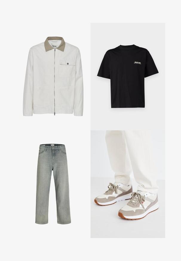 Svijetlosmeđi sako s kontrastnim svijetlosmeđim ovratnikom. Ima prednji patent zatvarač, dva prednja džepa i glatku, teksturiranu tkaninu.; Crna pamukasta majica s kratkim rukavima, okruglim izrezom i printom na lijevoj prednjoj strani u bijelom i zlatnom tekstu, s ležernim krojem.; Svijetlosive, široke traperice napravljene od denima. Imaju klasičan dizajn s pet džepova, petlje za remen i ravni kroj nogavica.; Bež i sivi tenisice s kombinacijom antilopa i mrežastih materijala. Imaju bijeli međuosvoj i gumu od gume. Standardni dizajn s vezicama.