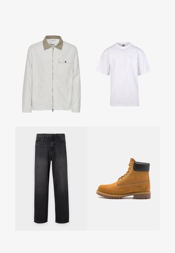 Ljusbeige jacka med en kontrasterande tanfärgad krage. Har en framzip, två framfickor och ett slätt, texturerat tyg.; Vit bomullströja med rund halsringning, korta ärmar och en avslappnad passform. Har en enkel design utan mönster eller accenter.; Mörkgrå denimjeans med rak bendesign, som har dragkedja, fem fickor och subtila blekningsdetaljer på tyget.; Tan mockasins ankelstövlar med svart vadderad krage, guldmetallöglor, vit sömdekor och slitstöt gummisula med utmärkta mönster.