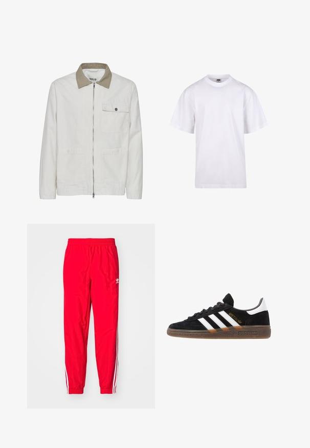 Svetlo bež jakna s kontrastnim tan ovratnikom. Ima sprednji zadrgo, dva sprednja žepa in gladko, teksturirano tkanino.; Bela bombažna majica s krojem na vratu, kratkimi rokavi in ohlapnim fitom. Ima enostaven dizajn brez vzorcev ali dodatkov.; Rdeče atletske hlače z elastičnim pasom, belimi črtami ob straneh in majhnim belim logotipom na levem stegnu.; Črne Adidas superge z belimi črtami, zlatim napisom "Spezial", gumo podplatom in belim petnim delom, prikazane v stranskem pogledu.