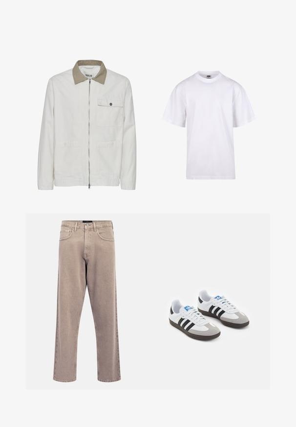 Vaaleanbeige takki, jossa on taustaltaan erilainen ruskea kaulus. Varustettu edessä vetoketjulla, kahdella etutaskulla ja sileällä, teksturoidulla kankaalla.; Valkoinen puuvillapaita, jossa on pyöreä kaula-aukko, lyhyet hihat ja rento leikkaus. Ominaisuuksina yksinkertainen muotoilu ilman kuvioita tai yksityiskohtia.; Vaaleanbeiget suora lahje -farkut, joissa on hieman haalistunut tekstuuri, viisipokkoinen muotoilu ja metallinen napin suljin. Korostetut saumausdetaljit.; Urheilukengät, joissa on valkoinen nahkainen päällinen, harmaa mokkanokka ja kolme mustaa raitaa. Ominaisuuksina sininen logo kielekkeessä ja kuvioitu kumipohja.