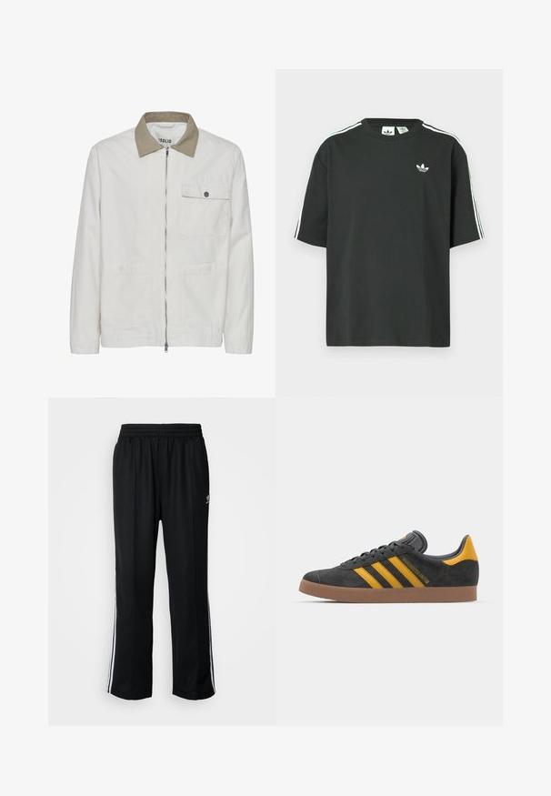 Light beige jacket with a contrasting tan collar. Features a front zip, two front pockets, and a smooth, textured fabric.; Black cotton t-shirt with short sleeves, crew neckline, and white three-stripe detailing on shoulders. Features a small white logo on chest.; Black athletic pants with an elastic waistband, featuring white side stripes and a small logo. Material appears soft and lightweight.; Black suede sneaker with yellow accents, featuring three stripes and a brown rubber sole. Includes a padded tongue for comfort.