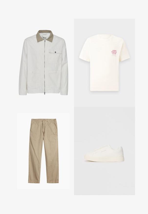 Gai bēša jaka ar kontrastējošu brūnu apkakli. Aprīkota ar priekšējo rāvējslēdzēju, divām priekšējām kabatām un gludu, strukturētu audumu.; Balts īsām piedurknēm T-krekls ar sarkanu tekstu "Studio Originals Edition" uz kreisā krūšu, pakārtots neitrālā pelēkā fonā.; Beigās taisnās kājas chinos bikses ar jostas cilpām, priekšējo pogu un rāvējslēdzēja aizdari, kā arī slīpām priekšējām kabatām.; Baltas slip-on sporta apavi ar teksturētu virsmu, biezu zoli un minimālistisku dizainu. Sānos redzams zīmola logotips.