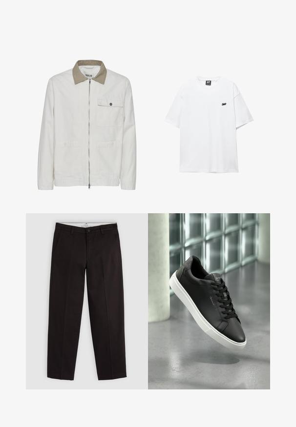 Svetlo béžová bunda s kontrastným tan golierom. Obsahuje predný zips, dve predné vrecká a hladkú, textúrovanú tkaninu.; Biela bavlnená tričko s krátkymi rukávmi, okrúhlym výstrihom a malým čiernym logom na hrudi. Hladká textúra a voľný strih.; Čierne rovné nohavice chinos s pútkami na opasok, zapínaním na gombík a bočnými vreckami, zobrazené na svetlo šedom pozadí.; Čierne kožené tenisky s bielou gumovou podrážkou, okrúly špička a šnurovanie. Majú hladkú textúru a jemné logo na jazyku.