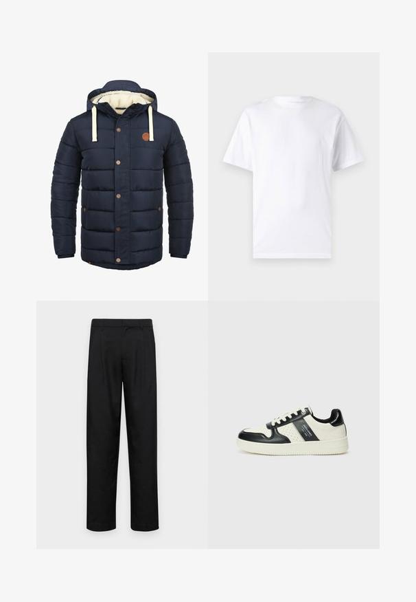 Navy insulated jacket with a hood, featuring cream accents, snap buttons, and a fleece inner lining. Padded design with side pockets.; White short-sleeve t-shirt made of cotton with a crew neckline, featuring a smooth texture and simple design without patterns or accents.; Black trousers made of smooth fabric, featuring a straight-leg design, two front pleats, and standard waistband with belt loops.; Leather sneakers with a black and cream color scheme, featuring perforated accents, a padded collar, and a textured outsole.