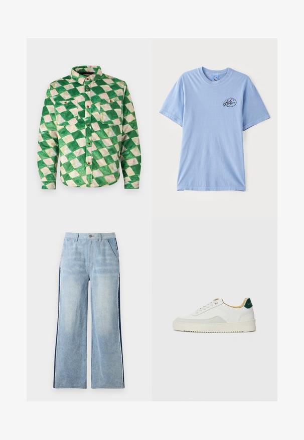Green and cream plaid shirt made of a textured fabric. Features a collar, two chest pockets, and gold-tone buttons.; Light blue short-sleeve T-shirt made of cotton, featuring a small black logo with colorful dots on the left chest area. Classic crew neck design.; Light blue denim wide-leg jeans with dark blue side panels, raw hem, front pockets, and a button closure at the waistband.; White sneaker with suede accents, rounded toe, flat laces, and a cream rubber sole. Features green branding on the heel.