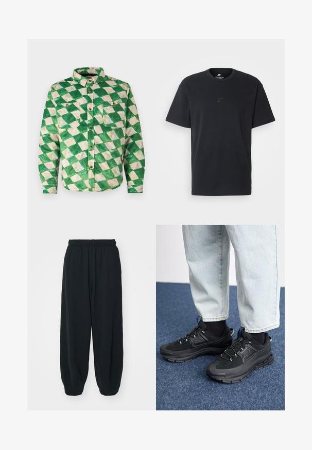 Koszula w zielono-kremową kratę wykonana z teksturowanej tkaniny. Posiada kołnierzyk, dwie kieszenie na piersiach i złote guziki.; Czarny bawełniany t-shirt Nike z klasycznym okrągłym dekoltem, krótkimi rękawami oraz subtelnym, wytłoczonym logo na piersi. Gładka tekstura.; Czarne dresy z elastycznym pasem, luźny krój, ściśnięte nogawki, gładka tekstura, bez widocznych wzorów lub ozdób.; Czarne buty sportowe z teksturowanej tkaniny i gumowymi podeszwami, z elastycznymi sznurówkami i niebieskim akcentem na pięcie. Noszone z jasnymi dżinsami.