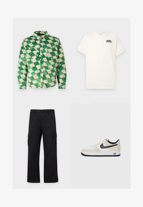 Žaliai ir kremine marginta flanelinė marškiniai, pagaminti iš tekstūruotos medžiagos. Turi apykaklę, dvi krūtinės kišenes ir auksinėms spalvos sagas.; Kremo spalvos medvilninis marškinėlis trumpomis rankovėmis, su "NIKE SB" juodu ir raudonu tekstu ant krūtinės. Standartinė apvali iškirptė.; Juodi cargo kelnės su tiesiu kojų dizainu. Pagamintos iš tvirto audinio, turi dvi šonines kišenes su užsegamais dangteliais ir mygtukų užtrauktuką.; Batai sportui su šviesiai rudos suku ir baltos odos viršutinė dalimi, juodom Nike swoosh detalėm, juodais akcentais ir balta gumine padanga su "AIR" ženklu.