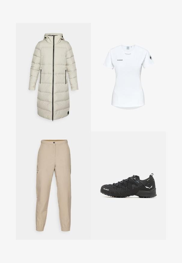 Gevoerde lange jas in lichtbeige met verticale stiksels, een capuchon en zwarte ritssluitingen; heeft zijzakken voor functionaliteit.; Korte mouwen witte sportshirt met een ronde halslijn, voorzien van een logo op de borst en een gladde, lichte stoftextuur.; Beige taps gevormde broeken met een platte voorkant, zijzakken, elastische manchetten en een knoopsluiting. Gemaakt van soepel stof met een subtiele glans.; Zwarte wandelschoenen met een bovenkant van textuurstof, een vetersysteem en een robuuste rubberen zool. Verfraaid met reflecterende details en logo's.