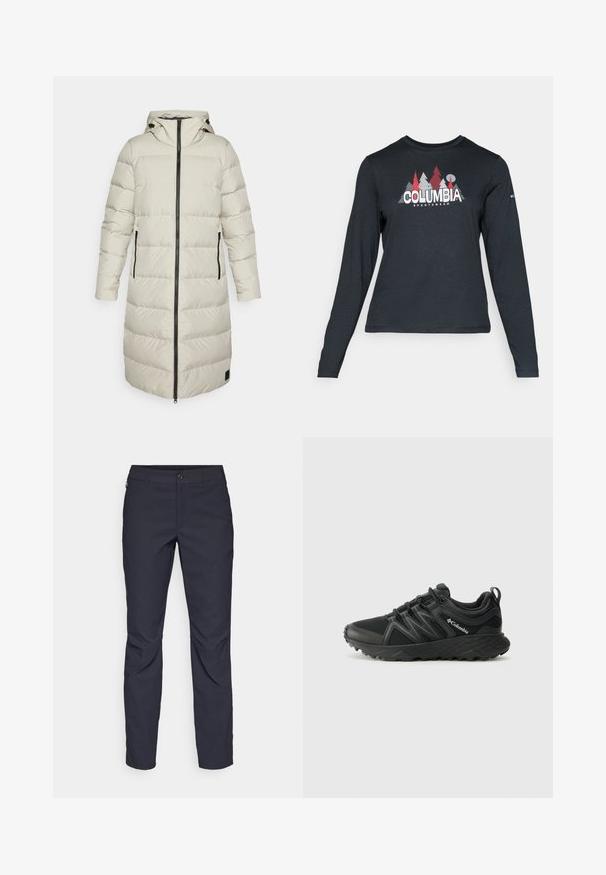 Kerge beeži värvi polsterdatud pikk jakk, millel on vertikaalsed õmblused, kapuuts ja mustad tõmblukud; sisseehitatud küljetaskud praktilisuse jaoks.; Pikend varrukatega tumehall särk, millel on punaste puude ja mägede graafika; "COLUMBIA" logo julge valge tekstiga. Pehme kangas, tavaline ümmargune kaelus.; Tumedat sinised püksid sujuva kangaga, millel on esiääre nuppude sulgemine, kitsas lõige ja volditud detailid põlvede piirkonnas.; Columbia PEAKFREAK - Matkajalatsid - black