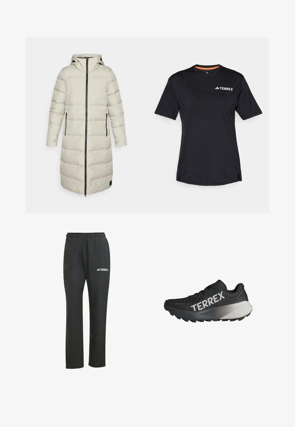 Padded long coat in light beige with vertical stitching, a hood, and black zipper accents; features side pockets for functionality.; Black short-sleeve T-shirt with round neckline, featuring a subtle heather texture and white "TERREX" logo on the upper left side.; Black lightweight pants with an elastic waistband. Features a subtle “TERREX” logo in white. Smooth fabric and straight-leg design.; Black running shoe with a textured upper, prominent "TERREX" logo in white, tapered sole design, and a gradient gray accent on the heel.