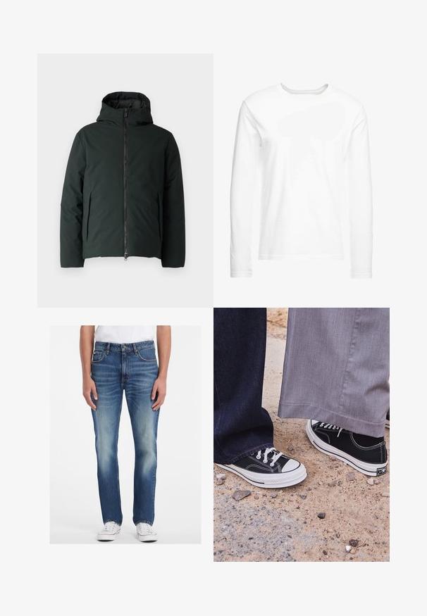 Dark green, hooded puffer jacket with a front zipper, two side pockets, and a smooth texture. Features a minimalist design.; Long-sleeve white t-shirt made of soft cotton. Crew neckline with straight cut hems and no visible patterns or graphics.; Blue denim jeans with a straight-leg design, featuring a light wash, faded accents, and five-pocket styling. Paired with white sneakers.; Black canvas sneakers with white rubber soles and laces. One foot is paired with dark blue jeans, the other with light gray trousers.