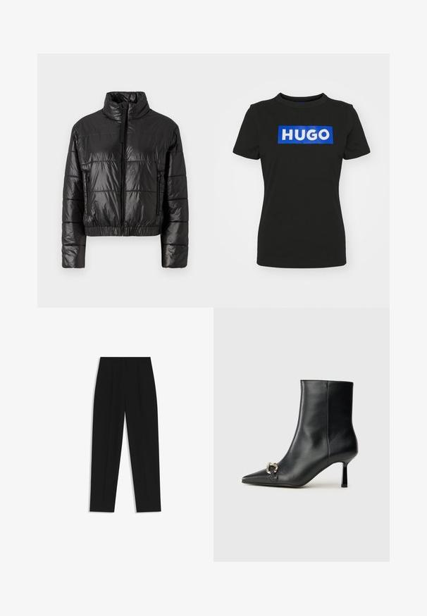 Schwarze Pufferjacke mit hohem Kragen, ausgestattet mit einer glänzenden, gesteppten Textur, elastischem Saum und Reißverschlusstaschen an den Seiten.; Schwarzes T-Shirt mit kurzen Ärmeln aus Baumwolle, das ein großes blaues rechteckiges Grafikdesign mit dem Wort "HUGO" in weißen Fettdruckbuchstaben zeigt.; Schwarze Hose mit geradem Schnitt, doppelten Falten, einer glatten Textur und einem klassischen Bunddesign. Keine sichtbaren Beschläge oder Akzente.; Schwarze Leder-Stiefelette mit spitzer Zehe, schlankem, mittelhohem Absatz und silberner Schnalle seitlich vor einem schlichten Hintergrund.