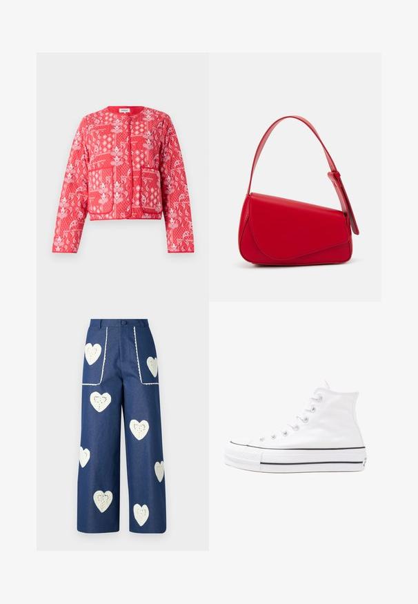 Rød quiltet jakke med hvite paisley- og blomstermønstre. Har rund hals, to frontlommer og glidelås.; Blomstrete bluse med lange pufferm, lys kremfarge, med lilla, oransje og grønne blomster mønstre, og klassisk kragedesign.; Sister Jane HEART TO HEART - Jeans straight leg - blue denim; Hvit høy-skinn kanvas sneakers med svart gummisåle, gummitåhette foran og seks hull for snorer, med et rent, minimalistisk design.; Rød lærveske med en vinklet, geometrisk design. Har en enkelt justerbar stropp og en klaffelukking med sydd detaljer.